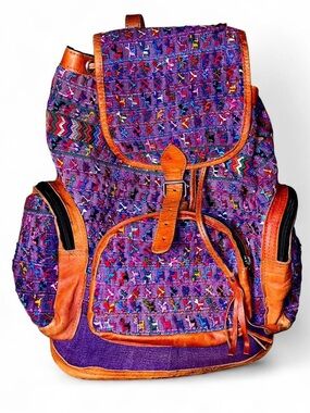 Vintage Guatemalan Huipil Leather Backpack Purple Boho Llama Artisan